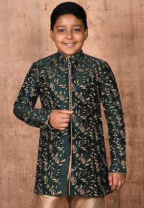 Embroidered Dupion Silk Sherwani in Dark Green