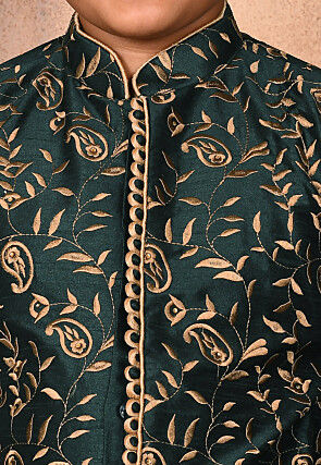 Embroidered Dupion Silk Sherwani in Dark Green