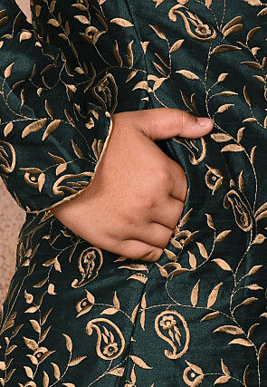 Embroidered Dupion Silk Sherwani in Dark Green