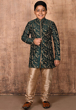 Embroidered Dupion Silk Sherwani in Dark Green