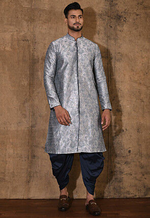 Embroidered Dupion Silk Sherwani in Grey