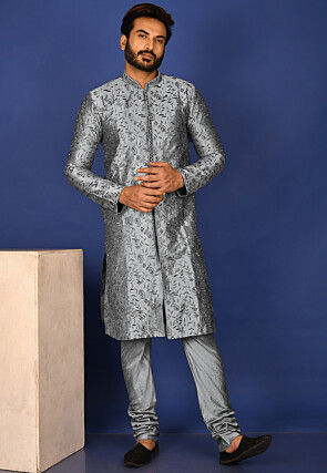 Embroidered Dupion Silk Sherwani in Grey