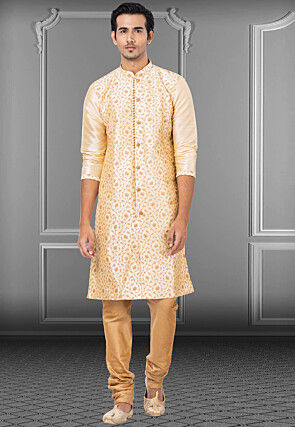 Embroidered Dupion Silk Sherwani in Light Beige