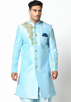 Embroidered Dupion Silk Sherwani in Light Blue