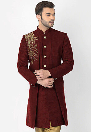 Embroidered Dupion Silk Sherwani in Maroon