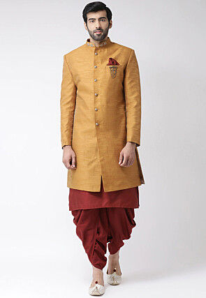 Embroidered Dupion Silk Sherwani in Mustard and Maroon