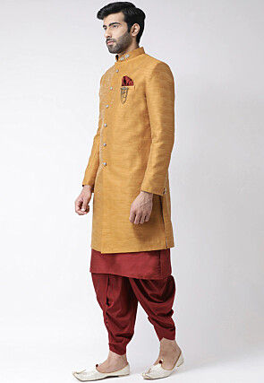 Embroidered Dupion Silk Sherwani in Mustard and Maroon