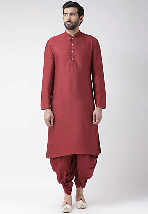 Embroidered Dupion Silk Sherwani in Mustard and Maroon
