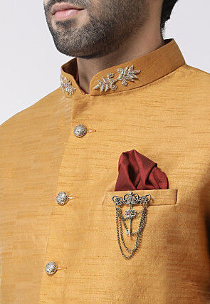 Embroidered Dupion Silk Sherwani in Mustard and Maroon