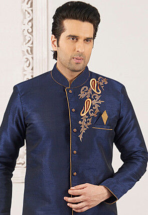 Embroidered Dupion Silk kurta in Navy Blue
