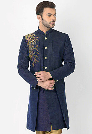 Embroidered Dupion Silk Sherwani in Navy Blue