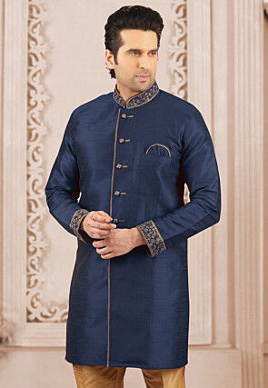 Embroidered Dupion Silk Sherwani in Navy Blue