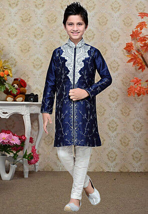 Embroidered Dupion Silk Sherwani in Navy Blue