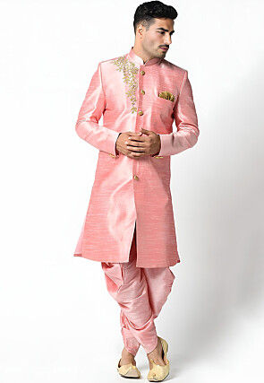Embroidered Dupion Silk Sherwani in Peach