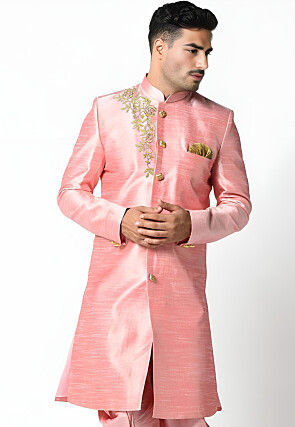 Embroidered Dupion Silk Sherwani in Peach
