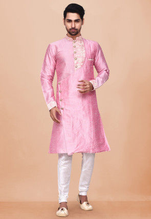 Embroidered Dupion Silk Sherwani in Pink