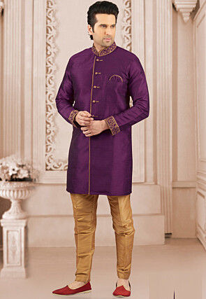 Embroidered Dupion Silk Sherwani in Purple