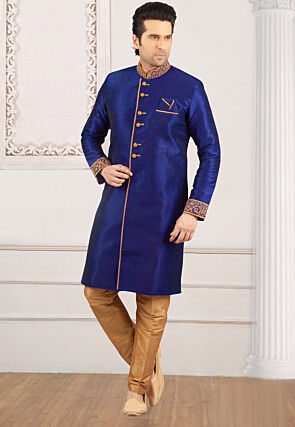 Embroidered Dupion Silk Sherwani in Royal Blue