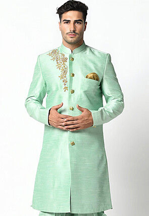 Embroidered Dupion Silk Sherwani in Sea Green