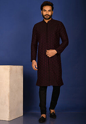 Embroidered Dupion Silk Sherwani in Wine