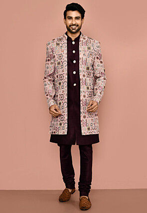 Embroidered Dupion Silk Sherwani in Wine