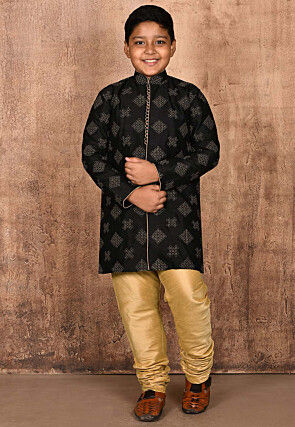 Embroidered Dupion Silk Sherwani Set in Black
