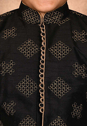 Embroidered Dupion Silk Sherwani Set in Black