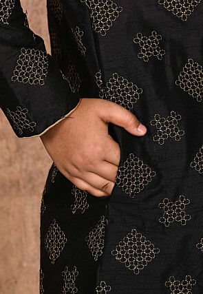 Embroidered Dupion Silk Sherwani Set in Black
