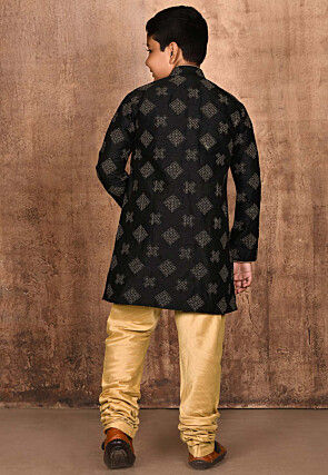 Embroidered Dupion Silk Sherwani Set in Black
