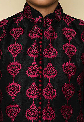 Embroidered Dupion Silk Sherwani Set in Black
