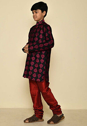 Embroidered Dupion Silk Sherwani Set in Black