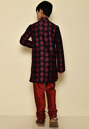 Embroidered Dupion Silk Sherwani Set in Black