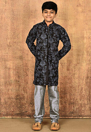 Embroidered Dupion Silk Sherwani Set in Black