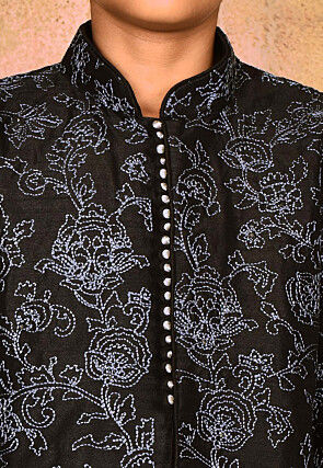 Embroidered Dupion Silk Sherwani Set in Black