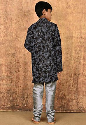 Embroidered Dupion Silk Sherwani Set in Black