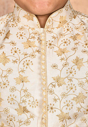 Embroidered Dupion Silk Sherwani Set in Cream