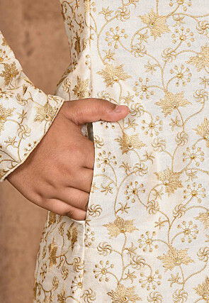 Embroidered Dupion Silk Sherwani Set in Cream