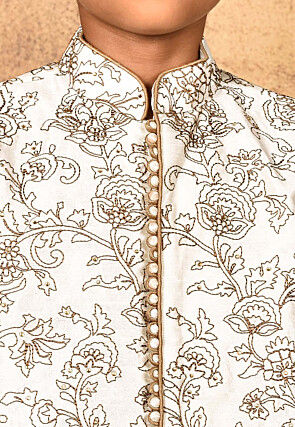 Embroidered Dupion Silk Sherwani Set in Cream