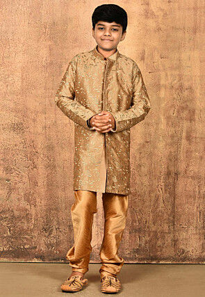 Embroidered Dupion Silk Sherwani Set in Dark Beige