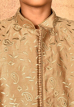 Embroidered Dupion Silk Sherwani Set in Dark Beige