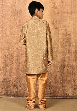 Embroidered Dupion Silk Sherwani Set in Dark Beige