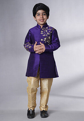 Embroidered Dupion Silk Sherwani Set in Dark Blue