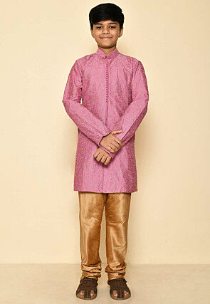 Embroidered Dupion Silk Sherwani Set in Dark Pink