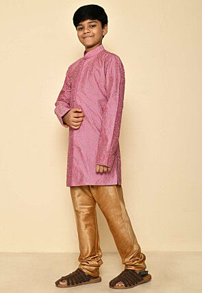 Embroidered Dupion Silk Sherwani Set in Dark Pink