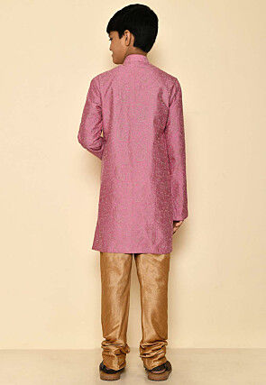 Embroidered Dupion Silk Sherwani Set in Dark Pink