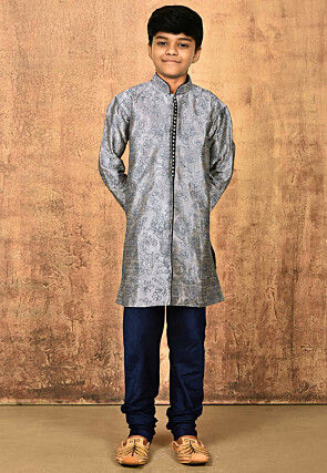 Embroidered Dupion Silk Sherwani Set in Grey