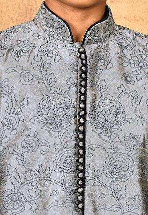 Embroidered Dupion Silk Sherwani Set in Grey