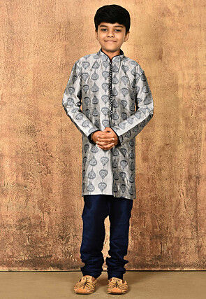 Embroidered Dupion Silk Sherwani Set in Grey