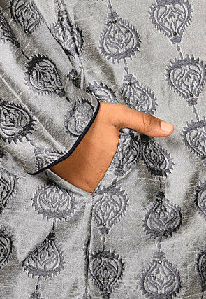 Embroidered Dupion Silk Sherwani Set in Grey