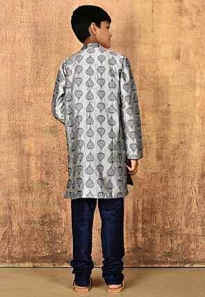 Embroidered Dupion Silk Sherwani Set in Grey